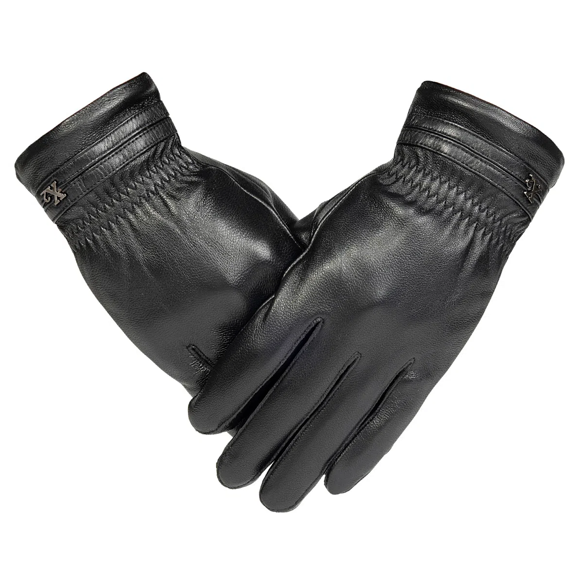 上海故事 时尚加绒加厚外出骑车防风防寒出行防水保暖 羊皮革 绒线手套 男款 黑色