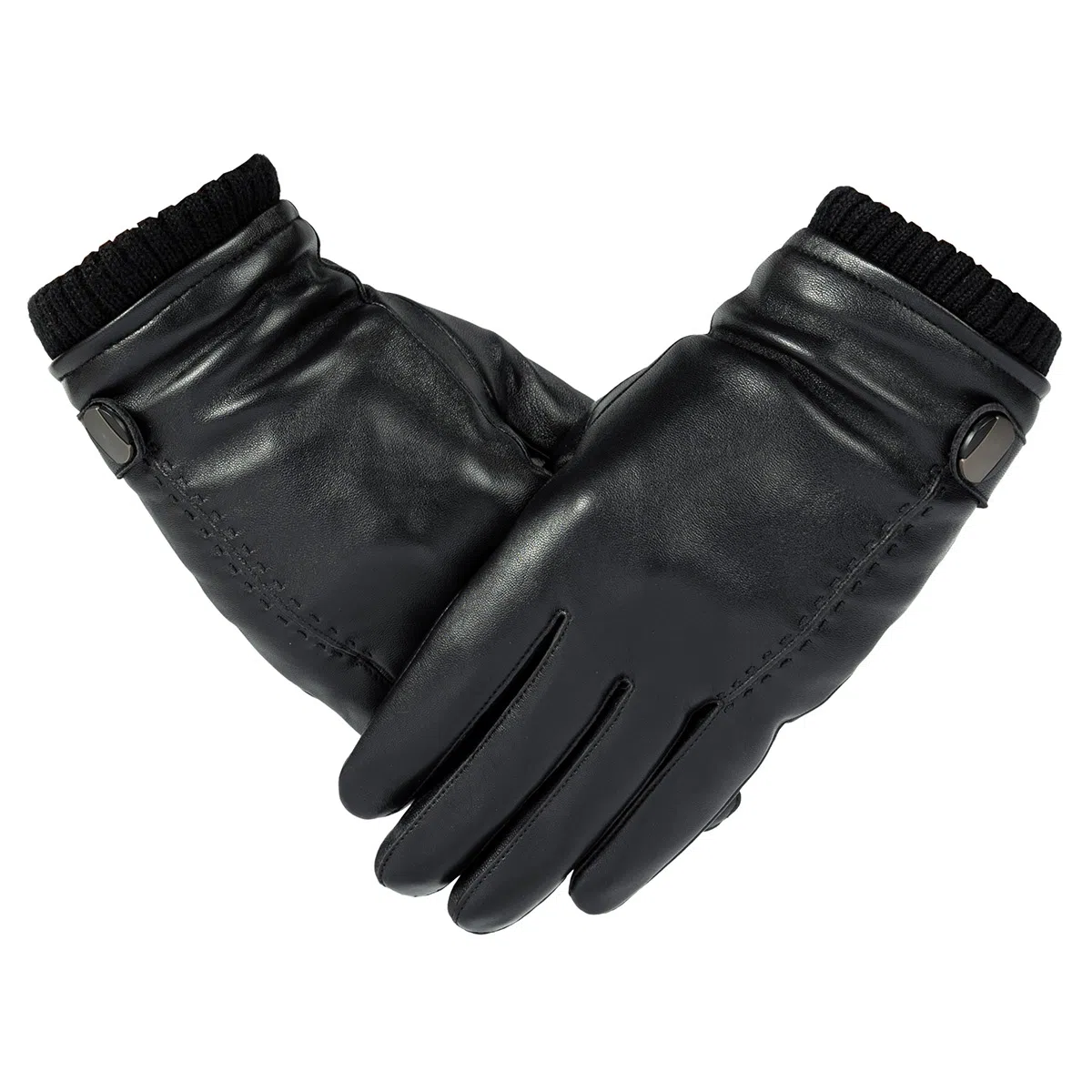 上海故事 时尚加绒加厚外出骑车防风防寒出行防水保暖 羊皮革 绒线手套 男款 黑色