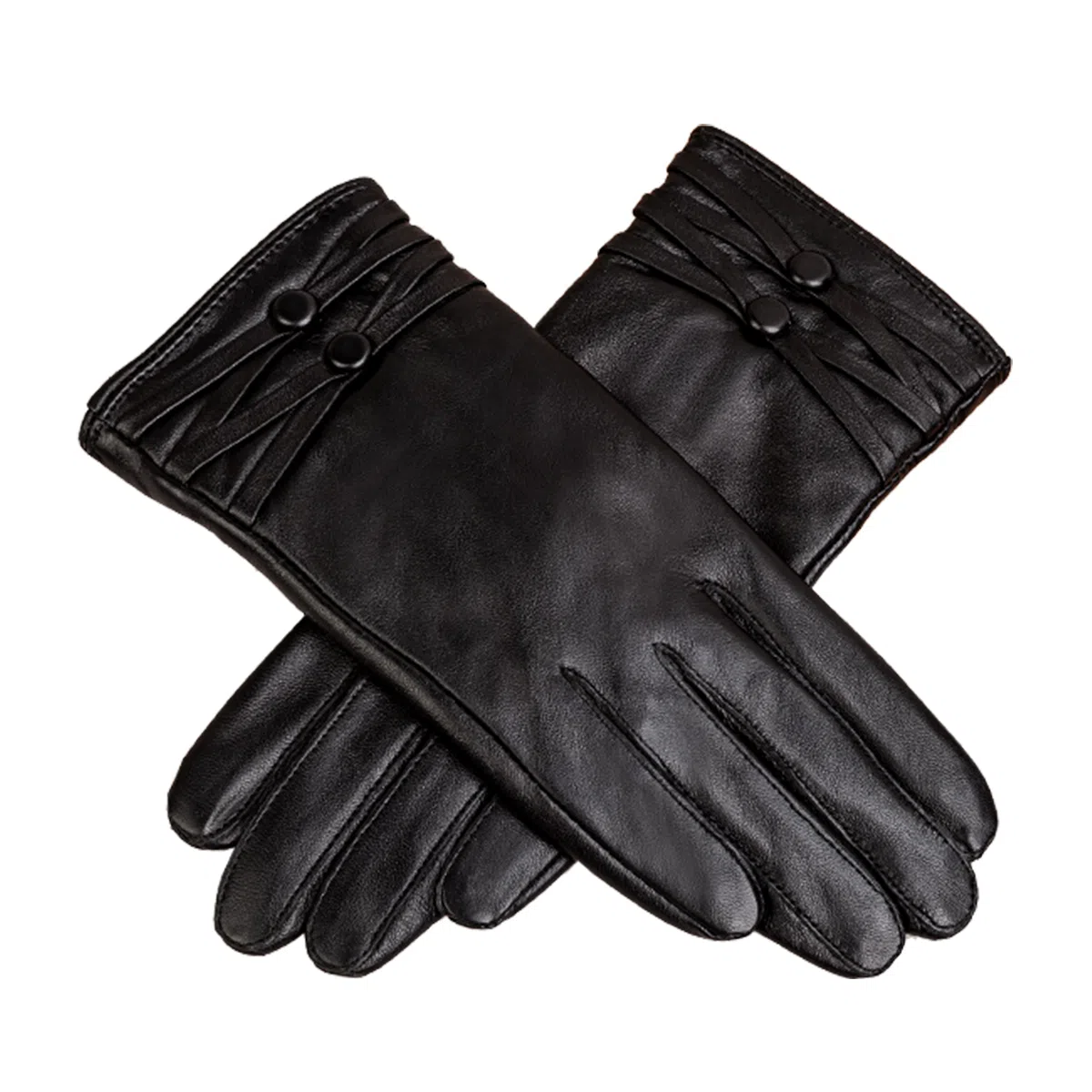 上海故事 真皮加绒加厚保暖外出骑行防风防寒防泼水可触屏 羊皮革 绒线手套 女款 黑色