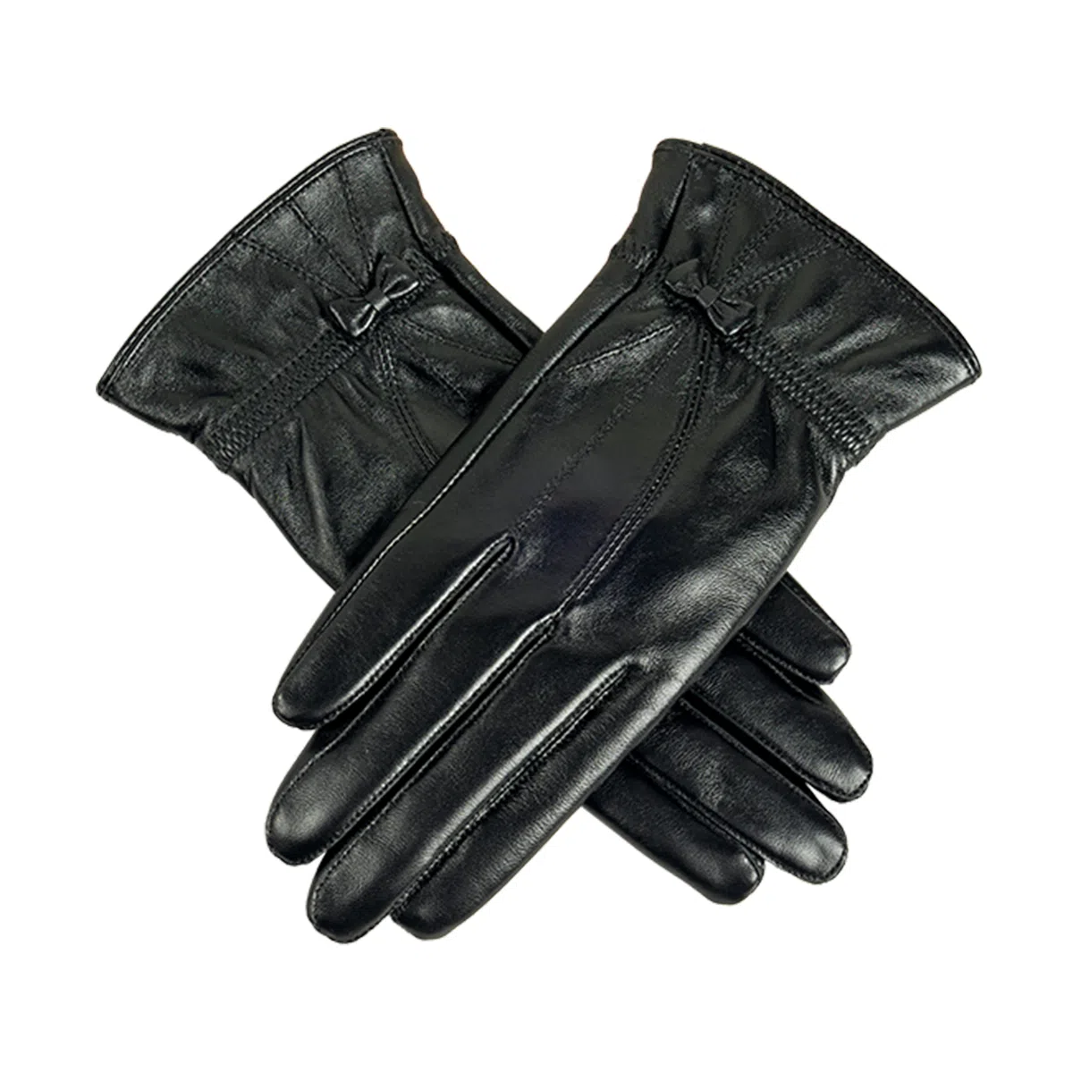 上海故事 真皮加绒加厚保暖外出骑行防风防寒防泼水可触屏 羊皮革 绒线手套 女款 黑色