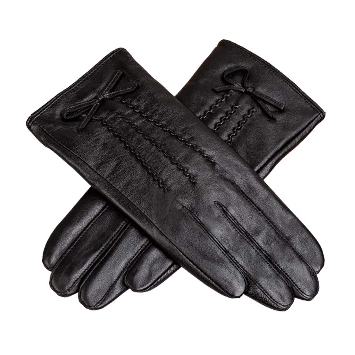 上海故事 真皮加绒加厚保暖外出骑行防风防寒防泼水可触屏 羊皮革 绒线手套 女款 黑色
