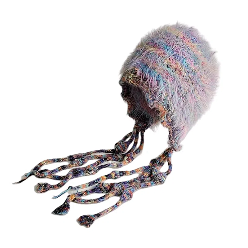 北极绒 韩版多巴胺撞色毛绒护耳帽秋冬防寒保暖百搭流苏雷锋帽手工编织 羊毛混纺 绒线帽 男女同款情侣款