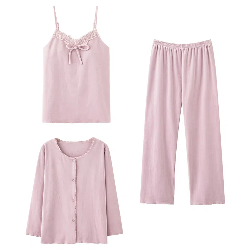 兰缪 甜美时尚海岛绒带胸垫三件套舒适保暖性感蕾丝吊带圆领开衫家居服运动亲肤透气可外穿睡衣套装 女款 图片色