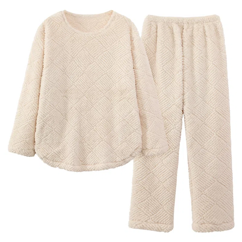 莫代尔 时尚套头圆领长袖长裤保暖亲肤舒适家居服可外穿睡衣套装 男女同款 杏色