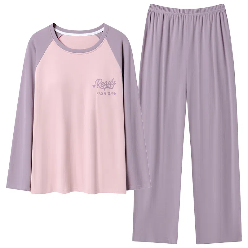 莫代尔 撞色拼接圆领套头长袖长裤睡衣套装 女款 图片色