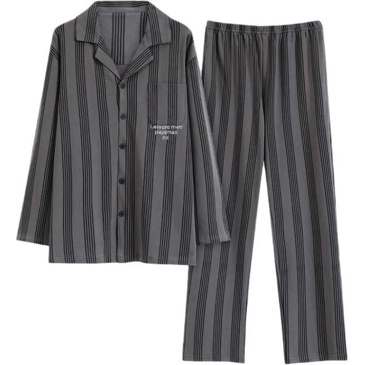 欧迪芬 休闲高级感纯棉条纹翻领开衫长袖长裤可外穿睡衣套装 男款 图色
