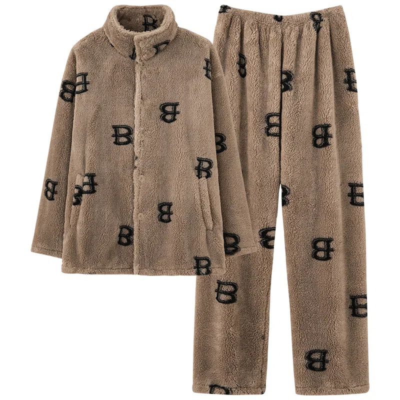 兰缪 时尚蓄热保暖立领开衫运动舒适透气长袖长裤可外穿家居服睡衣套装 男款 卡其色