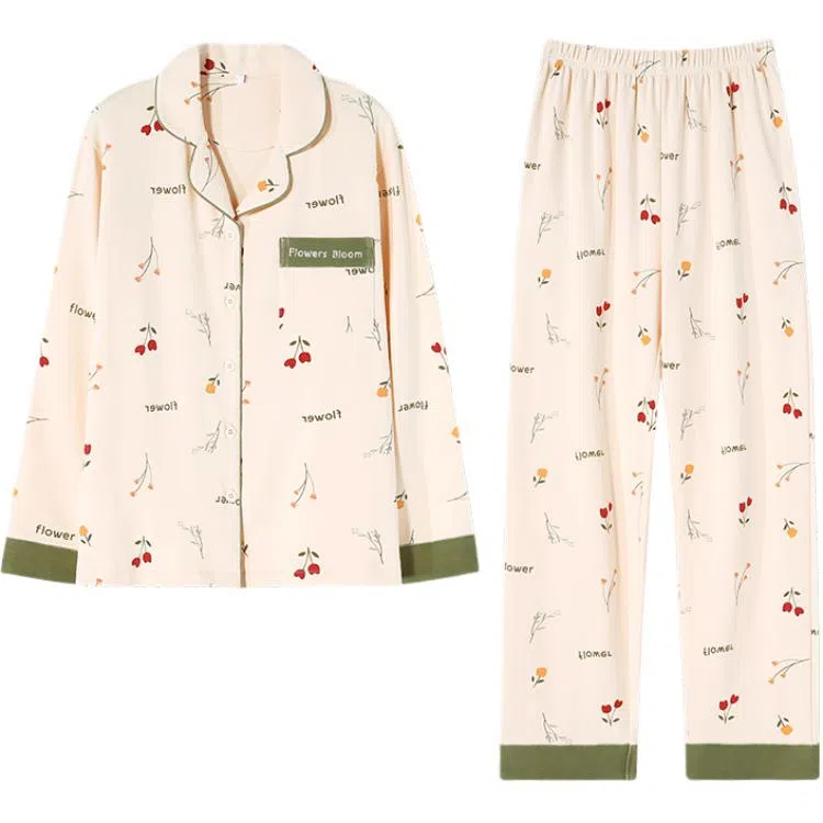 欧迪芬 满印翻领开衫长袖长裤可外穿舒适亲肤休闲睡衣套装 女款 图色