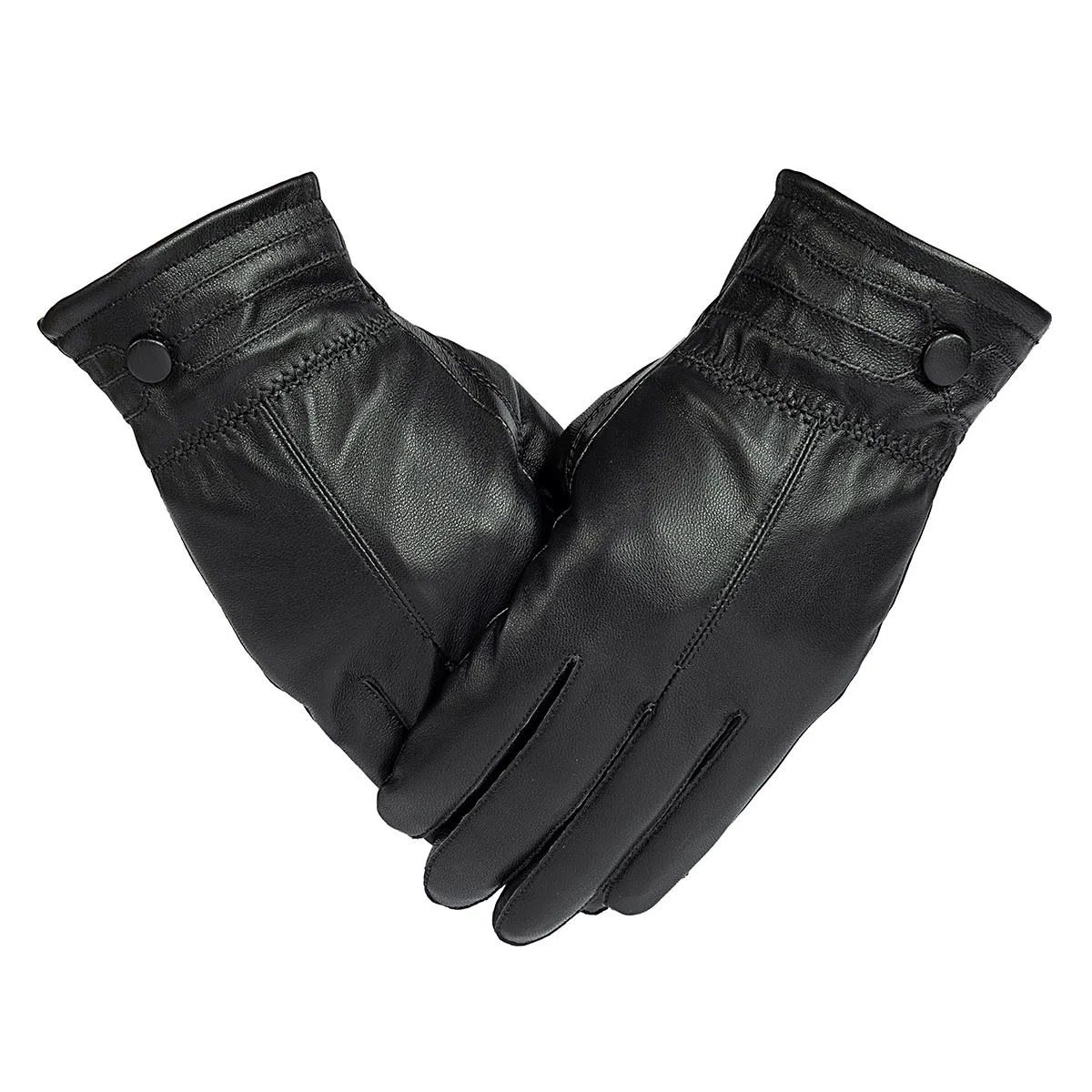 上海故事 时尚加绒加厚外出骑车防风防寒出行防水保暖 羊皮革 绒线手套 男款 黑色