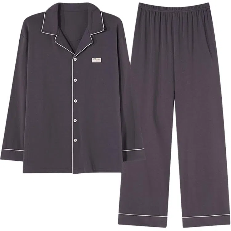 欧迪芬 纯色简约翻领舒适上衣亲肤长裤睡衣套装 男款 咖黑
