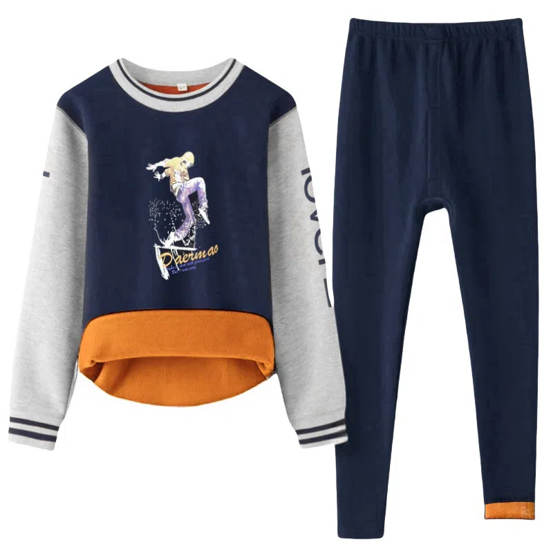 兰缪 圆领加厚黄金绒青少年家居服个性卡通涂鸦不易褪色防刮耐磨不易起球抗寒蓄热锁温舒适透气可外穿保暖套装 男款