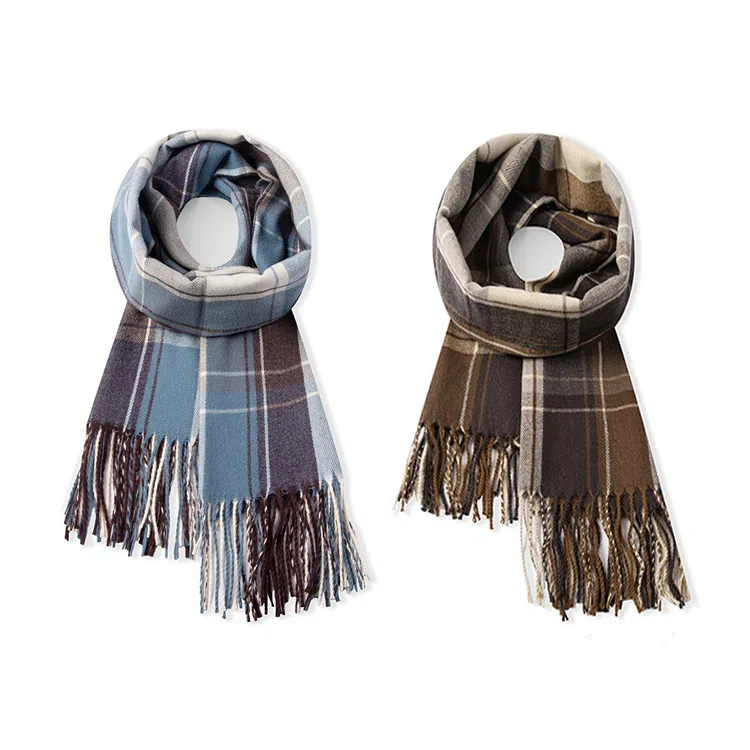 梦特娇 秋冬韩版格子流苏学院风 仿羊毛 绒线围巾 男款