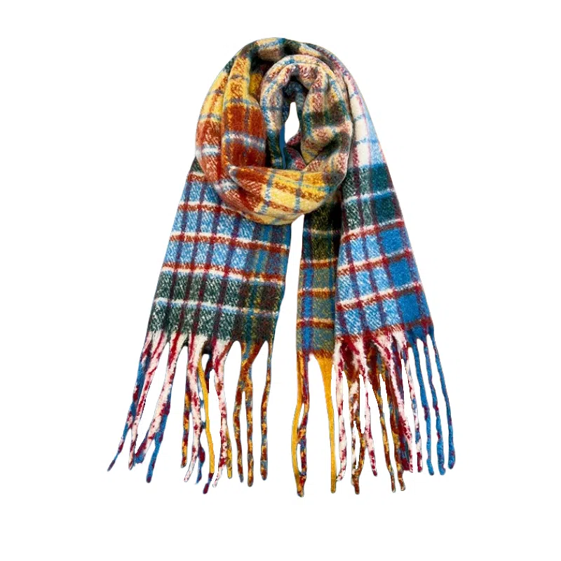 北极绒 彩虹格子流苏冬季新款韩版百搭保暖围脖披肩两用加厚 聚酯纤维 绒线围巾 男女同款情侣款