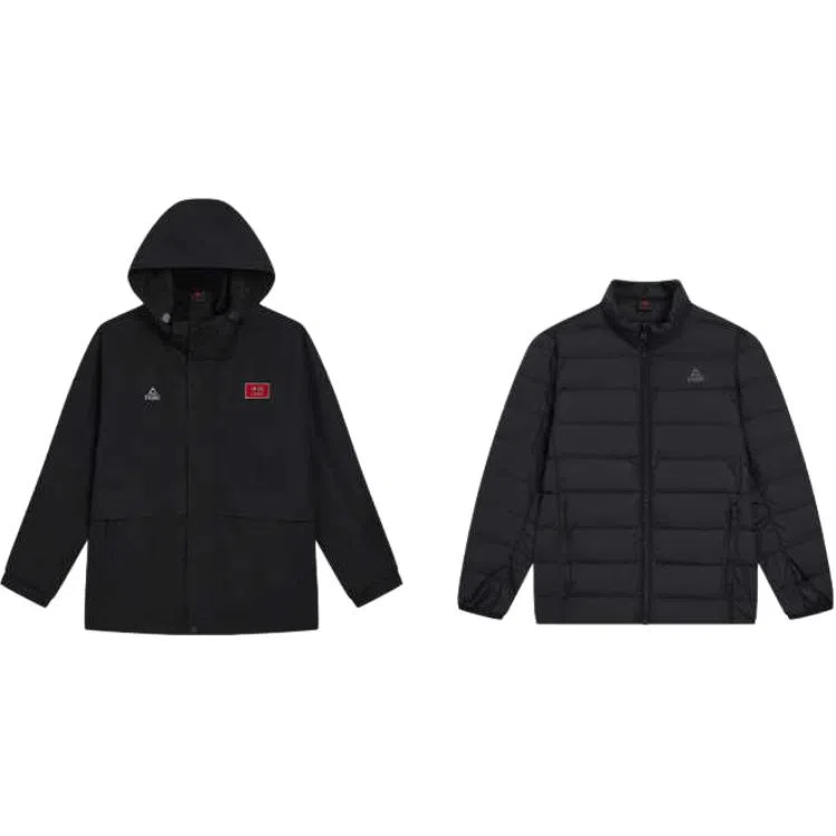 匹克 运动生活系列 菁典系列 纯色拉链连帽舒适透气三合一两件套羽绒服 男款 黑色