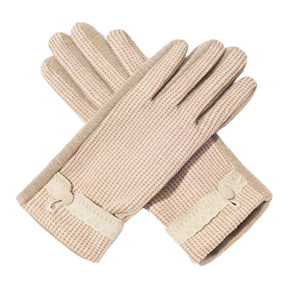 上海故事 蕾丝边优雅小香风秋冬季户外高弹保暖时尚针织 混纺 绒线手套 女款 浅紫 浅杏色 黑色 淡粉 卡其