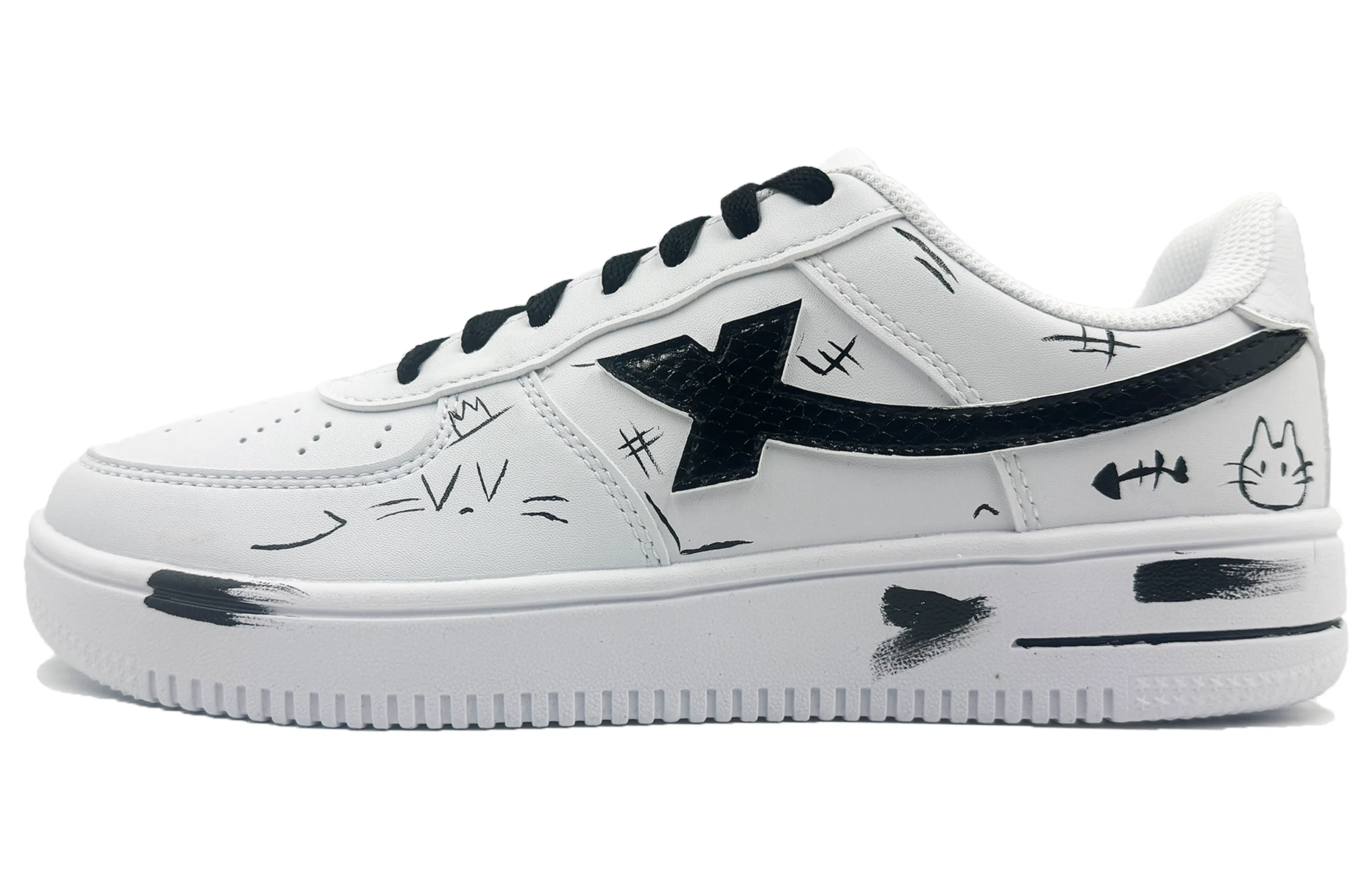 【定制球鞋】特步 空军一号 小猫钓鱼 手绘涂鸦 舒适休闲 时尚百搭 防滑耐磨 低帮 板鞋 男款 黑白