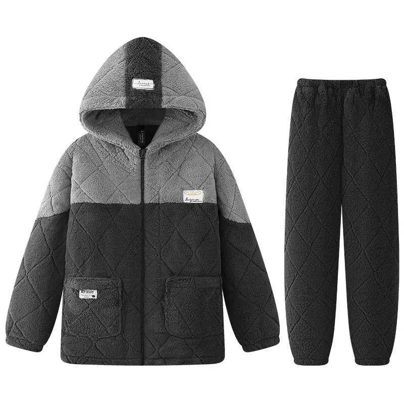 兰缪 保暖三层夹棉连帽家居服睡衣套装 男款 图片色