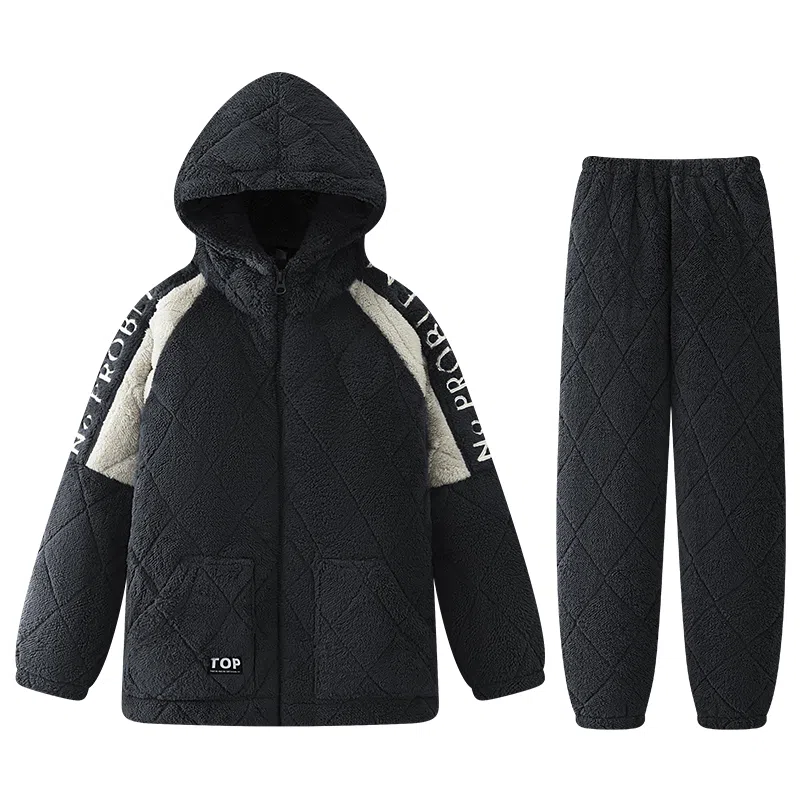 兰缪 保暖连帽简约舒适长袖长裤家居睡衣套装 男款 深灰色