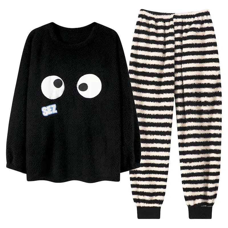 棉基因 舒适亲肤长袖保暖加厚半边绒简约长裤家居服睡衣套装 男女同款