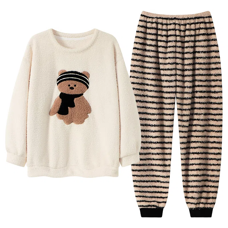 棉基因 舒适亲肤长袖保暖加厚半边绒简约长裤家居服睡衣套装 男女同款