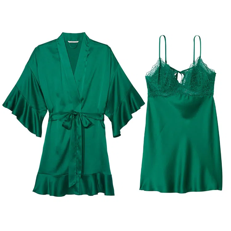 Victoria's Secret Ruffle Satin Lace Sleepwear Set Green