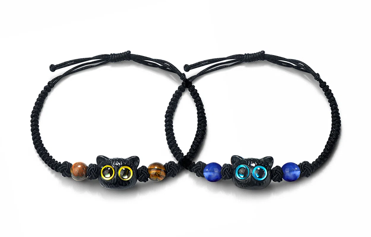 牧言 简约小众高级感 可爱呆萌大眼猫猫双色编织黑绳可调节手饰 猫咪手链 男女同款情侣款