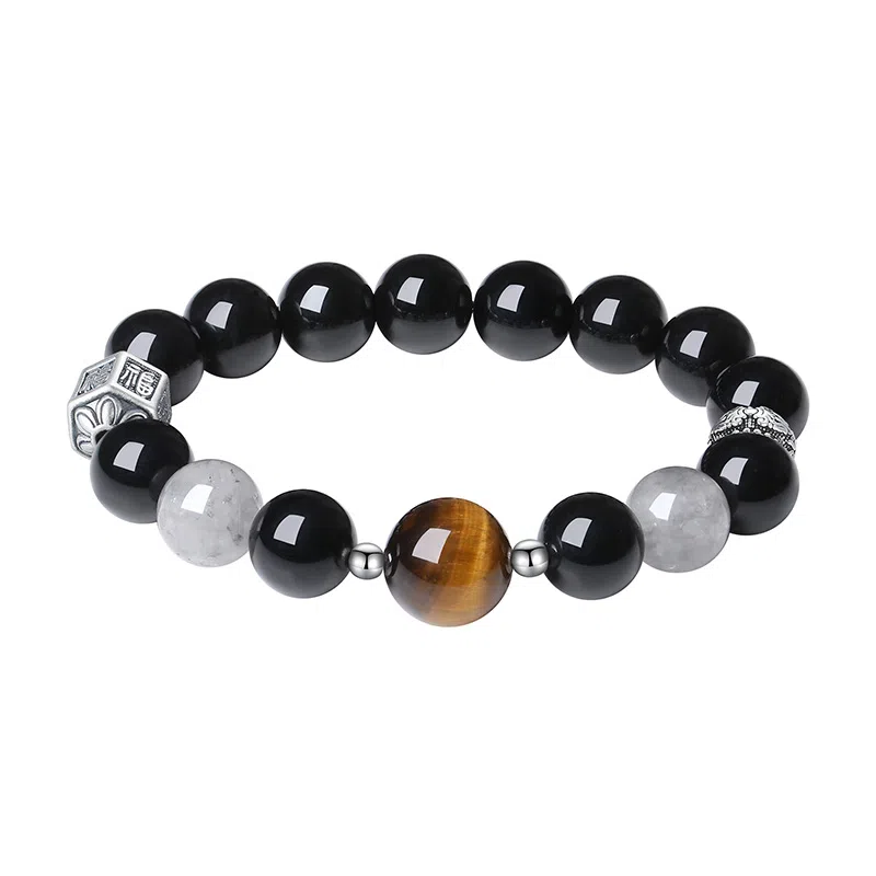 【999足银】 朝升 福运满满 国潮新中式简约大气日常通勤百搭小众大牌 节日生日送礼礼盒款#好运 黑曜石 手串 男女同款情侣款