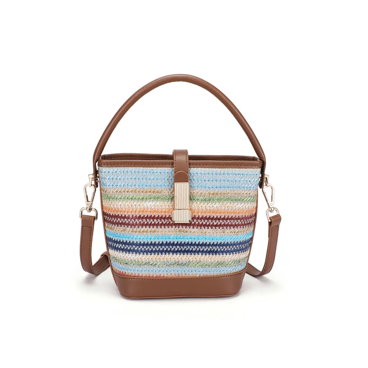 红蜻蜓 小众设计简约编织撞色 织物 水桶包单肩包手提包 女款 彩虹色