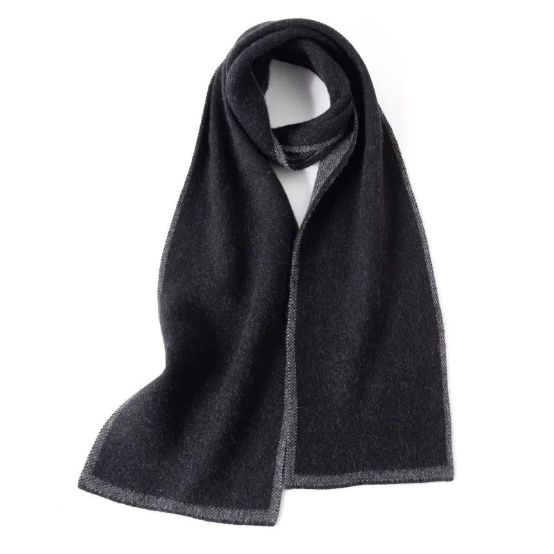 啄木鸟 双面羊绒黑灰色百搭高级感纯色 礼盒 绒线围巾 男款