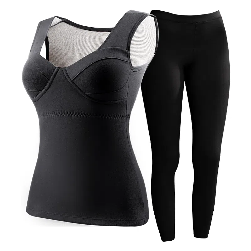 欧迪芬 厚款打底发热升温磨毛高弹带胸垫修身锁温保暖套装 女款