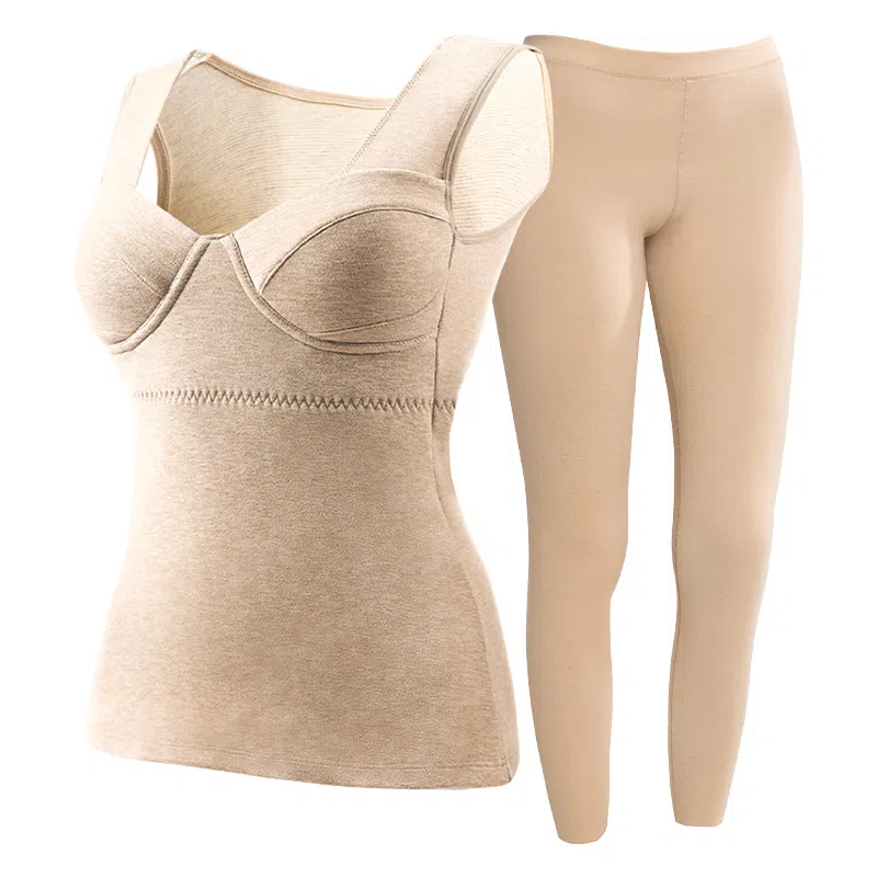 欧迪芬 厚款打底发热升温磨毛高弹带胸垫修身锁温保暖套装 女款