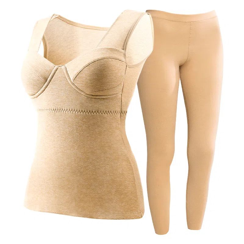 欧迪芬 厚款打底发热升温磨毛高弹带胸垫修身锁温保暖套装 女款