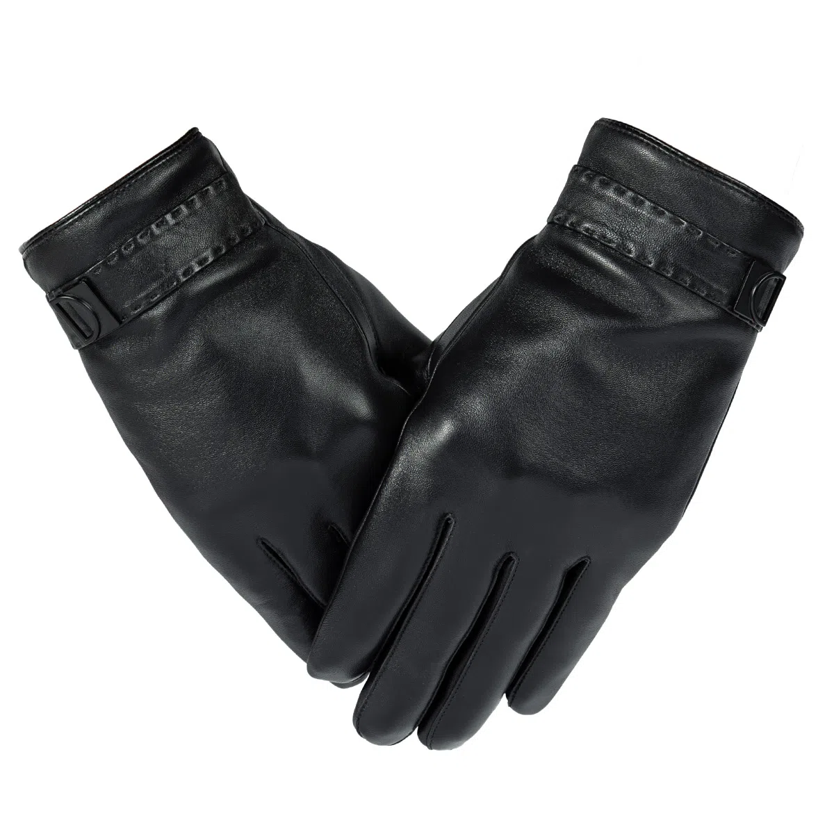 上海故事 时尚加绒加厚外出骑车防风防寒出行防水保暖 羊皮革 绒线手套 男款 黑色