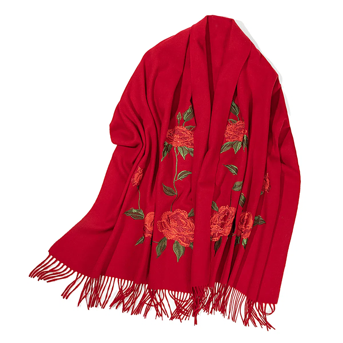 上海故事 喜庆红国风花卉刺绣空调房办公室保暖外搭两用 绵羊毛 绒线围巾 女款