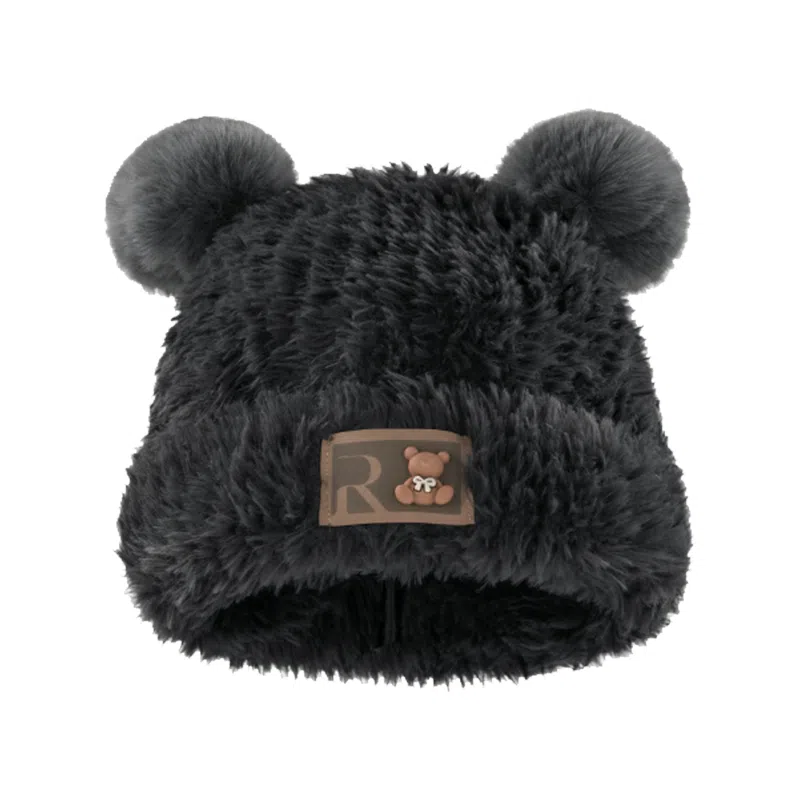 啄木鸟 可爱小熊帽秋冬保暖 立体耳朵贴布字母 毛茸茸显脸小 加厚防寒护耳百搭 聚酯纤维 绒线帽 女款