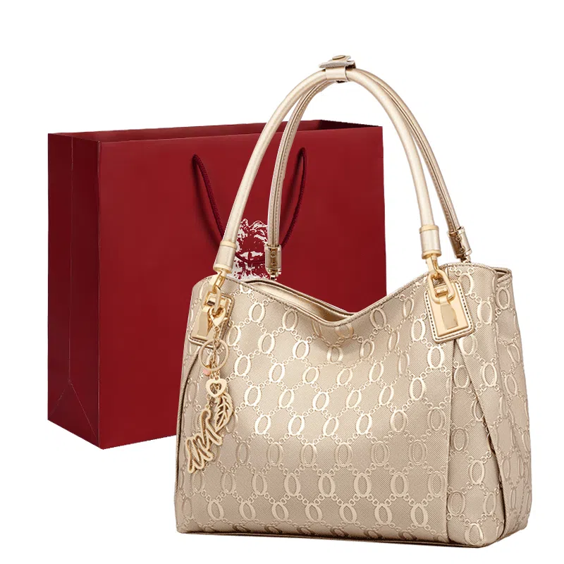 老人头 真皮包包女通勤压花小众设计高级质感大容量中年妈妈母亲托特包手挽 二层牛皮 单肩手拎腋下手提包 女款 金色