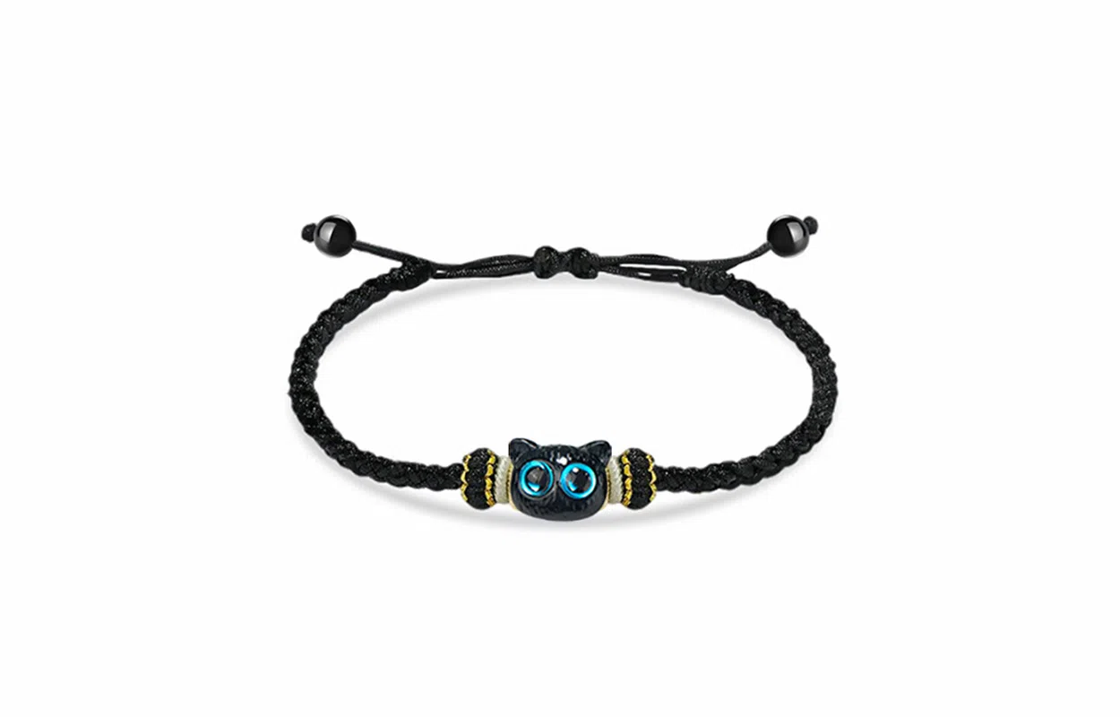 牧言 简约小众高级感 可爱呆萌大眼猫猫双色编织黑绳可调节手饰 猫咪手链 男女同款情侣款