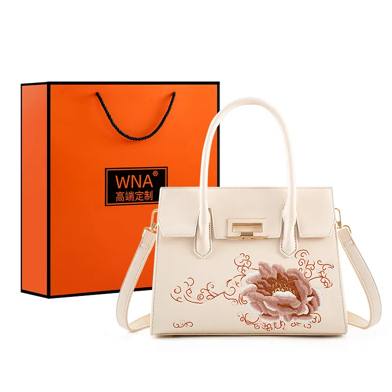 维尼奥 大气国风百合花刺绣小众大容量优雅妈妈 合成革 手提包单肩斜挎包 女款 米白色/杏色