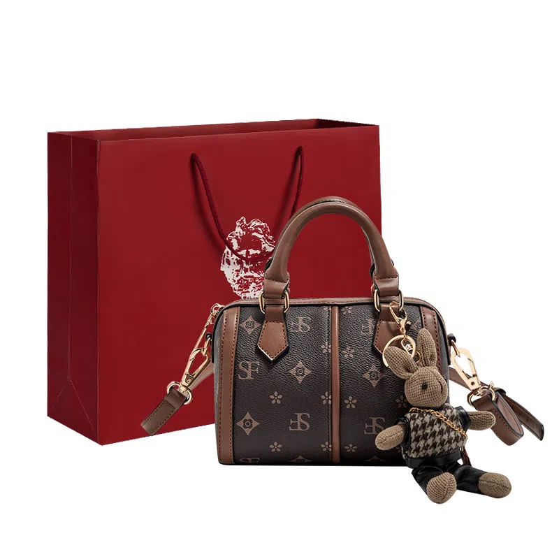 老人头 时尚百搭通勤复古印花手提小包圆筒型 合成革 波士顿枕头斜挎包单肩包 女 啡色