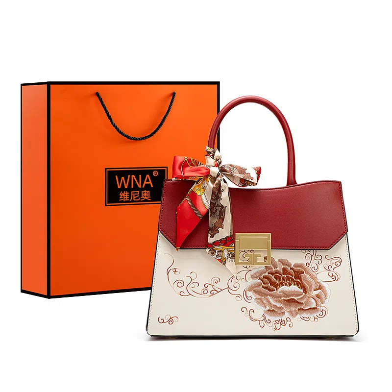 维尼奥 大气国风百合花刺绣小众大容量优雅妈妈 合成革 手提包单肩斜挎包 女款 米白色/杏色