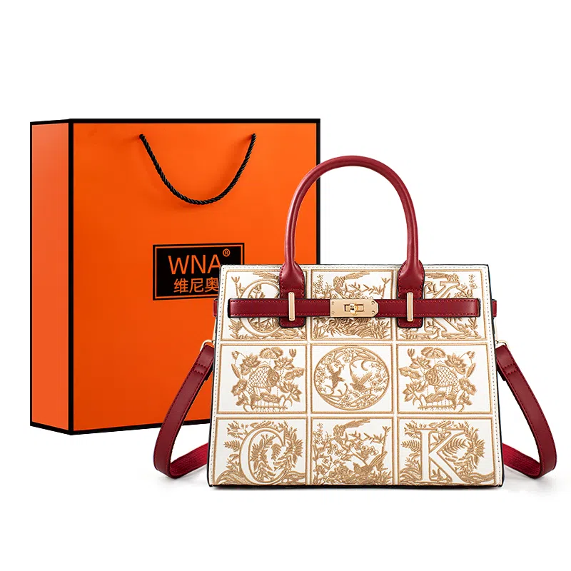 维尼奥 大气国风百合花刺绣小众大容量优雅妈妈 合成革 手提包单肩斜挎包 女款 米白色/杏色