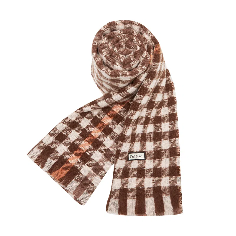 纳兰杜 千鸟格高中生韩版显脸小秋冬百搭长款高级感穿搭加厚保暖学生时尚外搭 聚酯纤维 绒线围巾 女款 米卡色