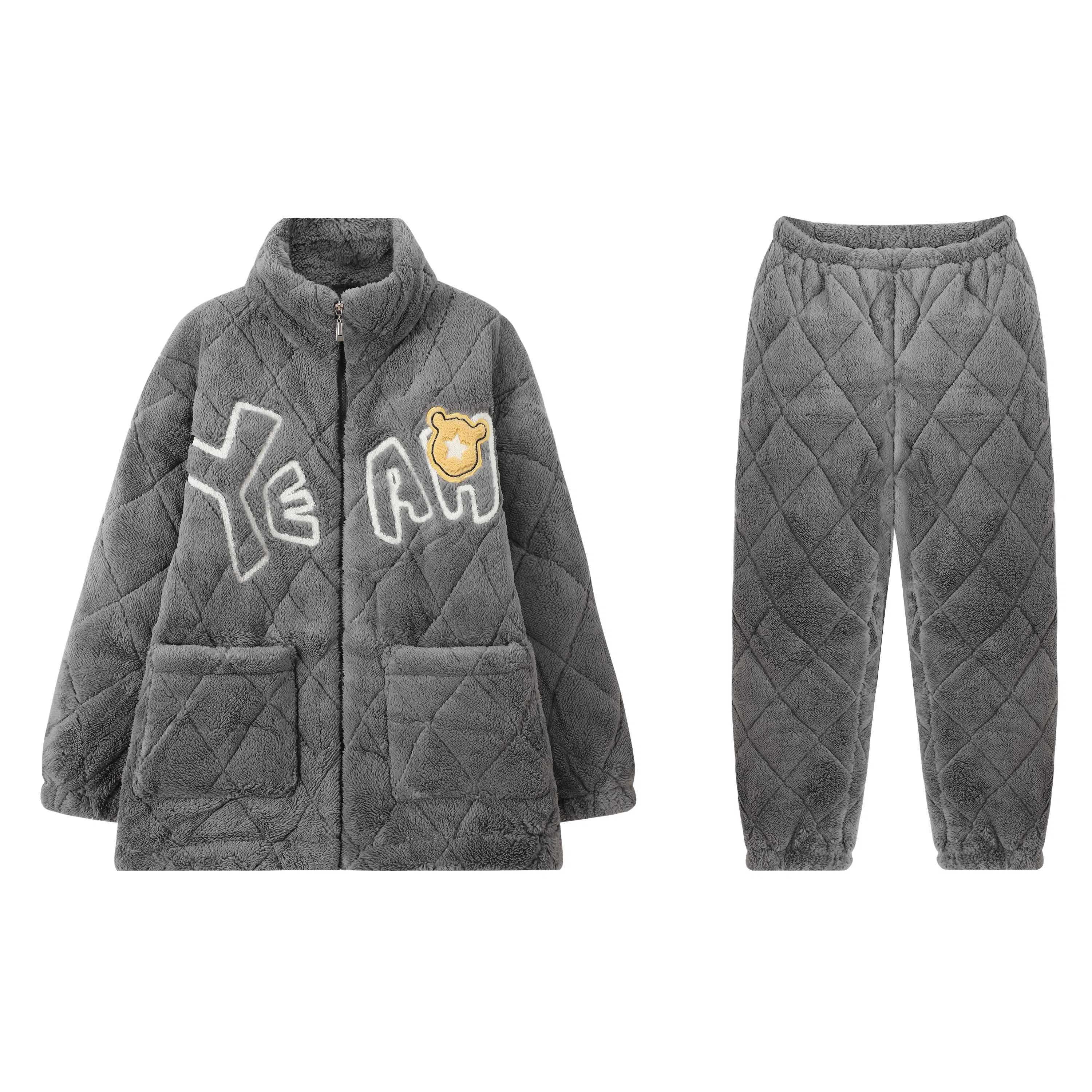 俏霓桐 时尚卡通保暖蓄温加厚长袖长裤可外穿睡衣套装 男款 深灰色