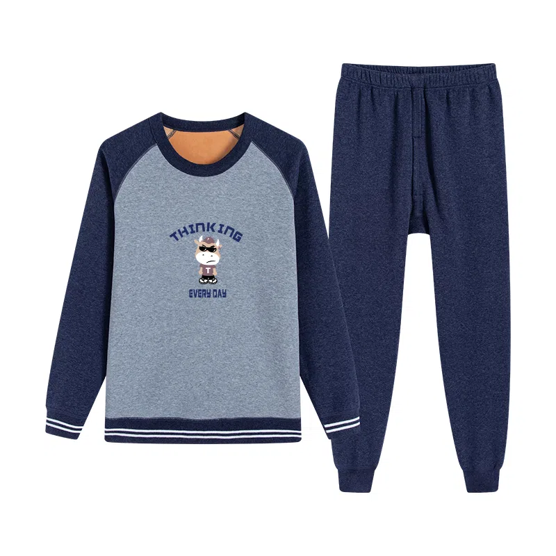 贴身领域 青少年内衣加绒加厚内搭棉毛衫打底秋衣秋裤冬季保暖套装 男款