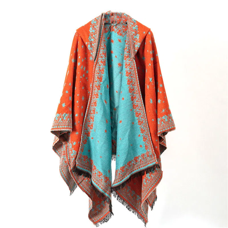 山一丸 开叉秋冬民族风加厚保暖披风外搭 仿羊绒 披肩 女款