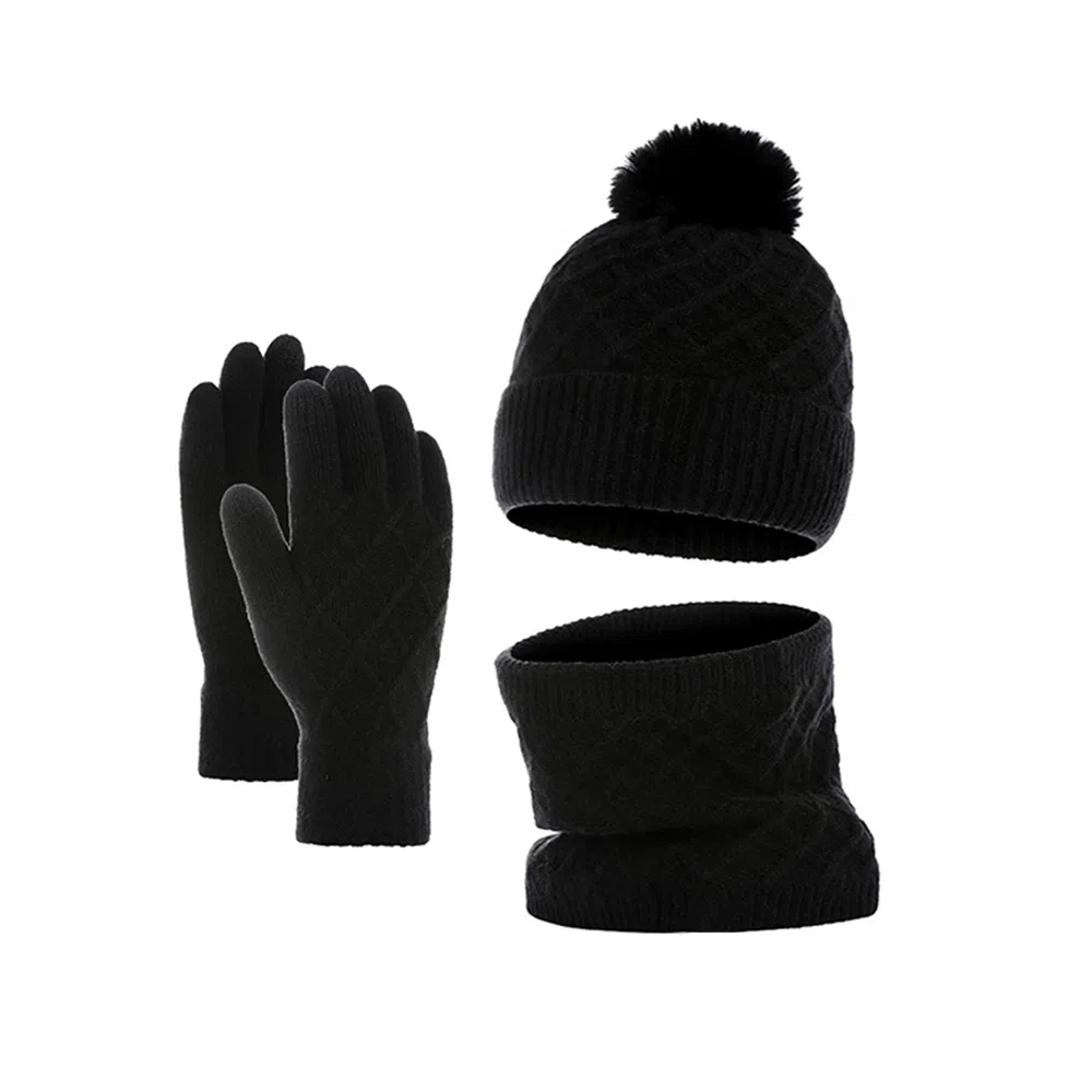 梦特娇 深冬加厚保暖纯色简约毛绒针织三件套 羊驼绒 围脖 男女同款情侣款