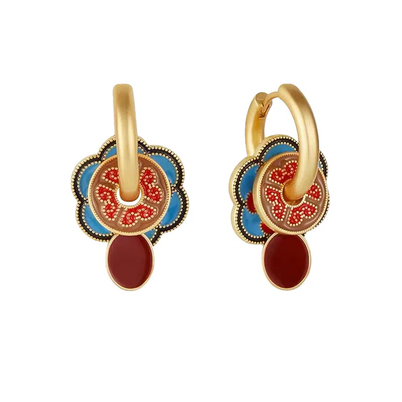 韵系 新中式复古珐琅宝相花 铜镀金 耳环 女款