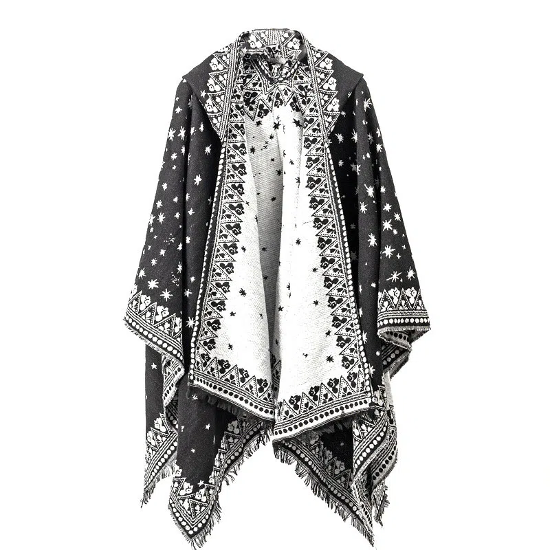 山一丸 开叉秋冬民族风加厚保暖披风外搭 仿羊绒 披肩 女款