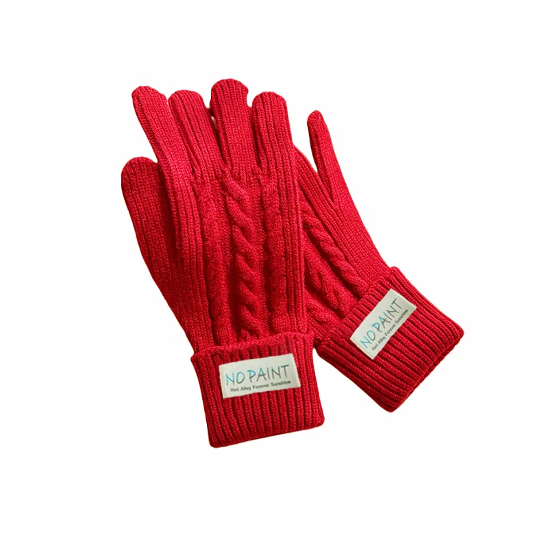 北极绒 红色针织冬季加厚保暖加长可触屏分指防冻骑行五指韩版 腈纶 绒线手套 男女同款情侣款