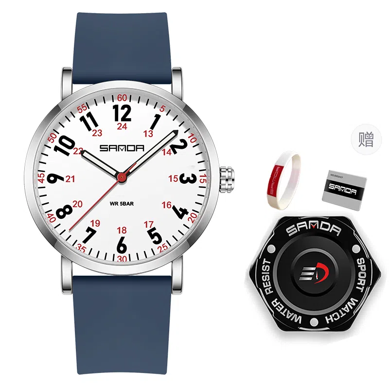 三达简约时尚考生专用静音走时超薄表壳 石英机芯 硅胶表带 国表 男女同款 白色表盘 防水夜光